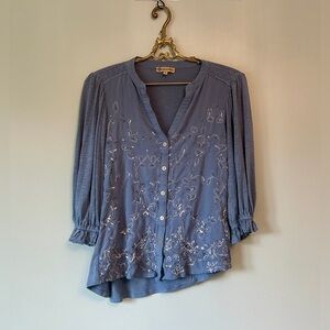 Democracy embroidered floral / crochet detail blue shirt with gathered sleeves